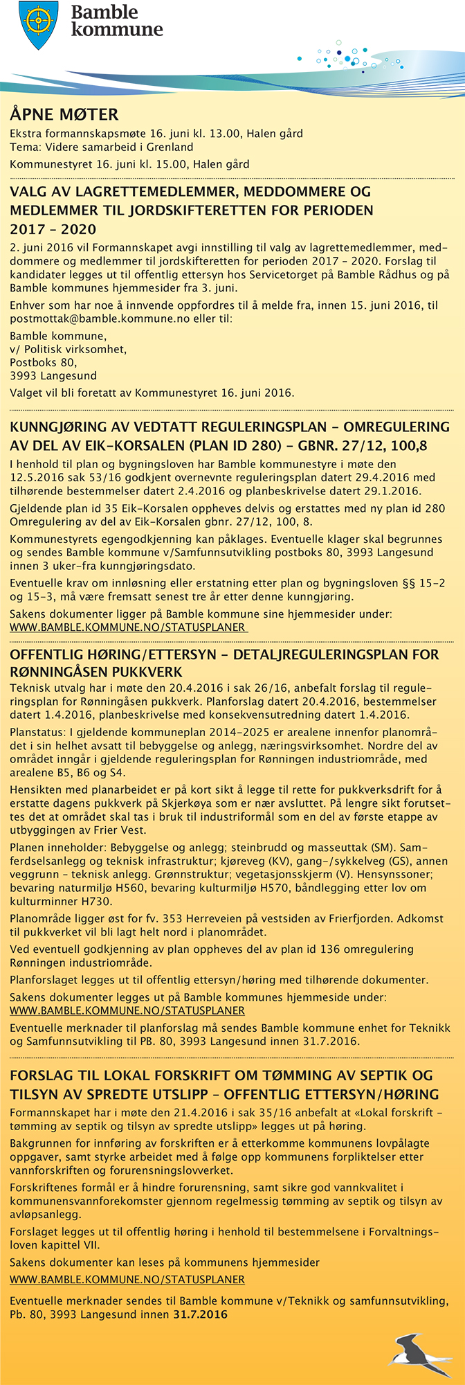 Kunngjøringer 31.5.2016