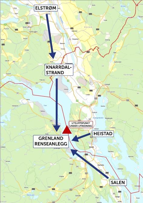 Kart over Grenland renseanlegg indikerer  felles renseanlegg (plassering ikke avklart) og rød trekant indikerer utslippspunkt som er under utredning. 