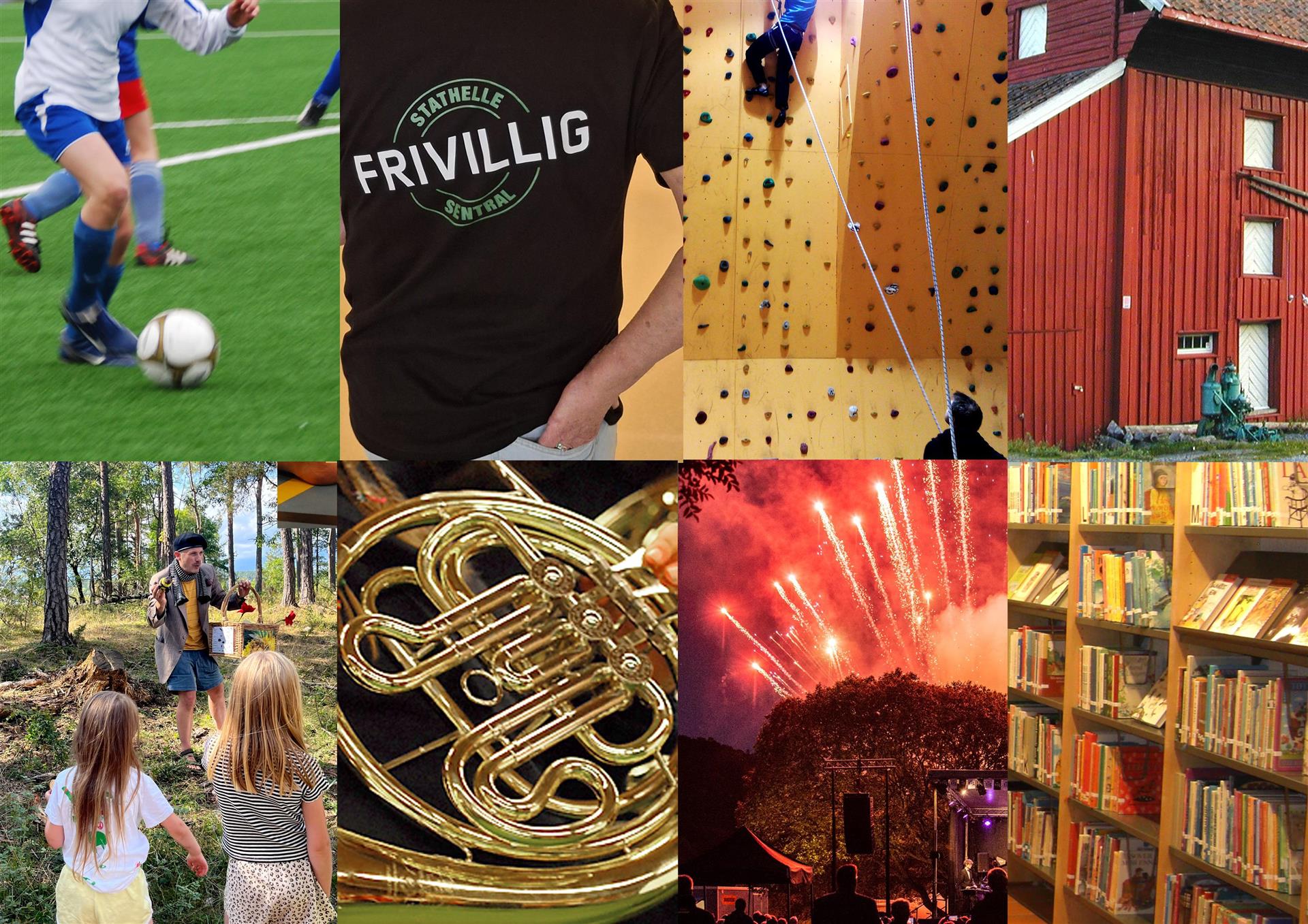 Fotocollage med bilder av fotball, bøker på et bibliotek, et instrument, klatrevegg, fyrberkeri og en forestilling.
